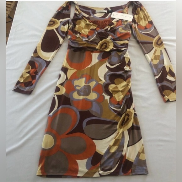 Charles Nolan Dress, Browns & Oranges, Wrap, Ruckering Side, Long Sleeved, Sz 4 - Picture 3 of 16